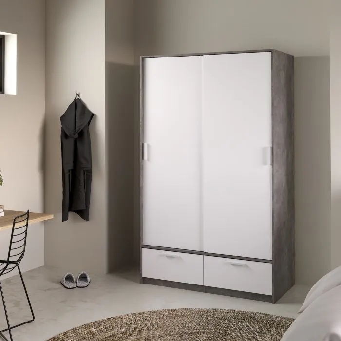 Line Wardrobe with 2 Doors 2 Drawers in White and Concrete