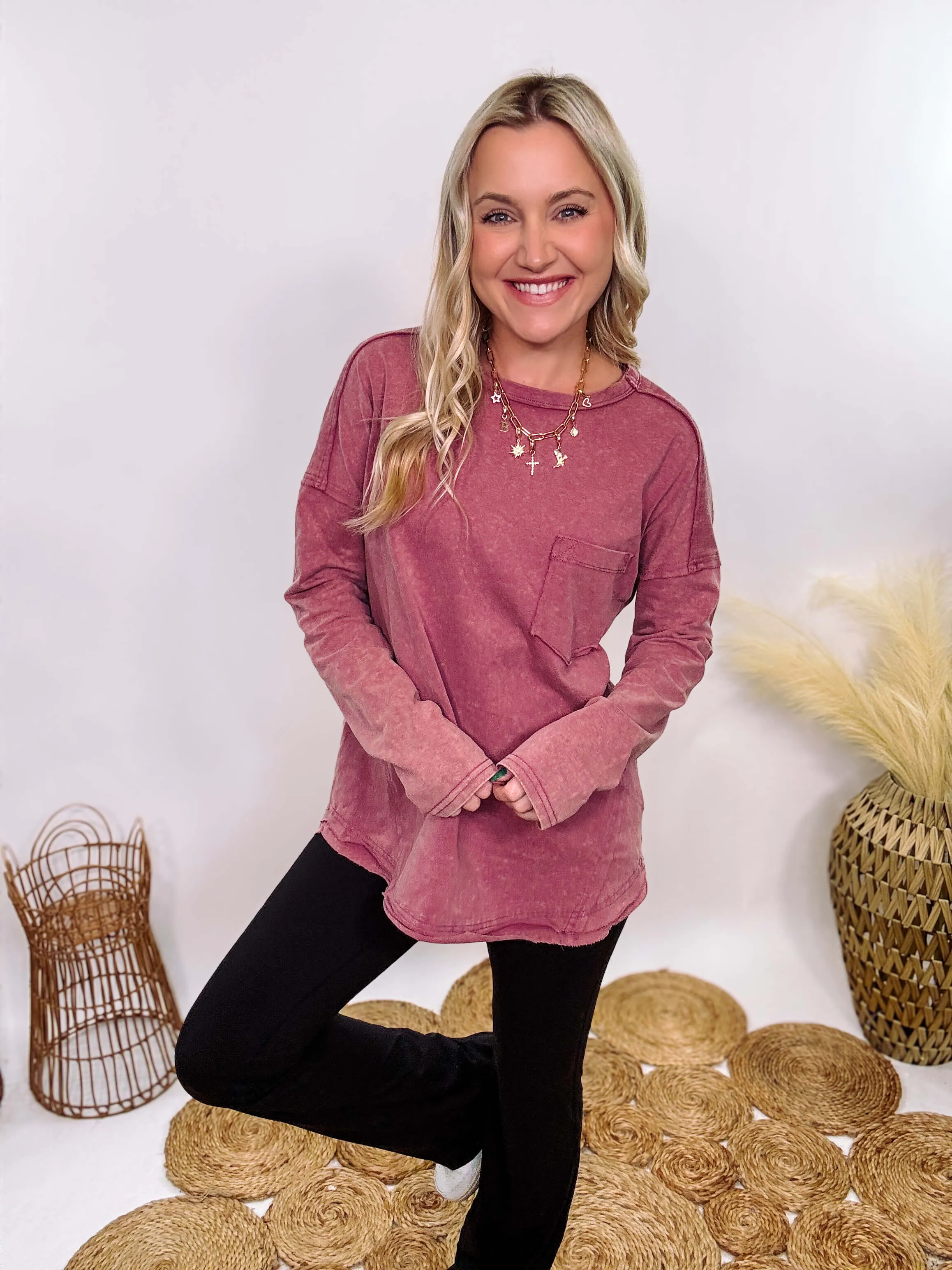 Mauve Acid Washed Long Sleeve Top