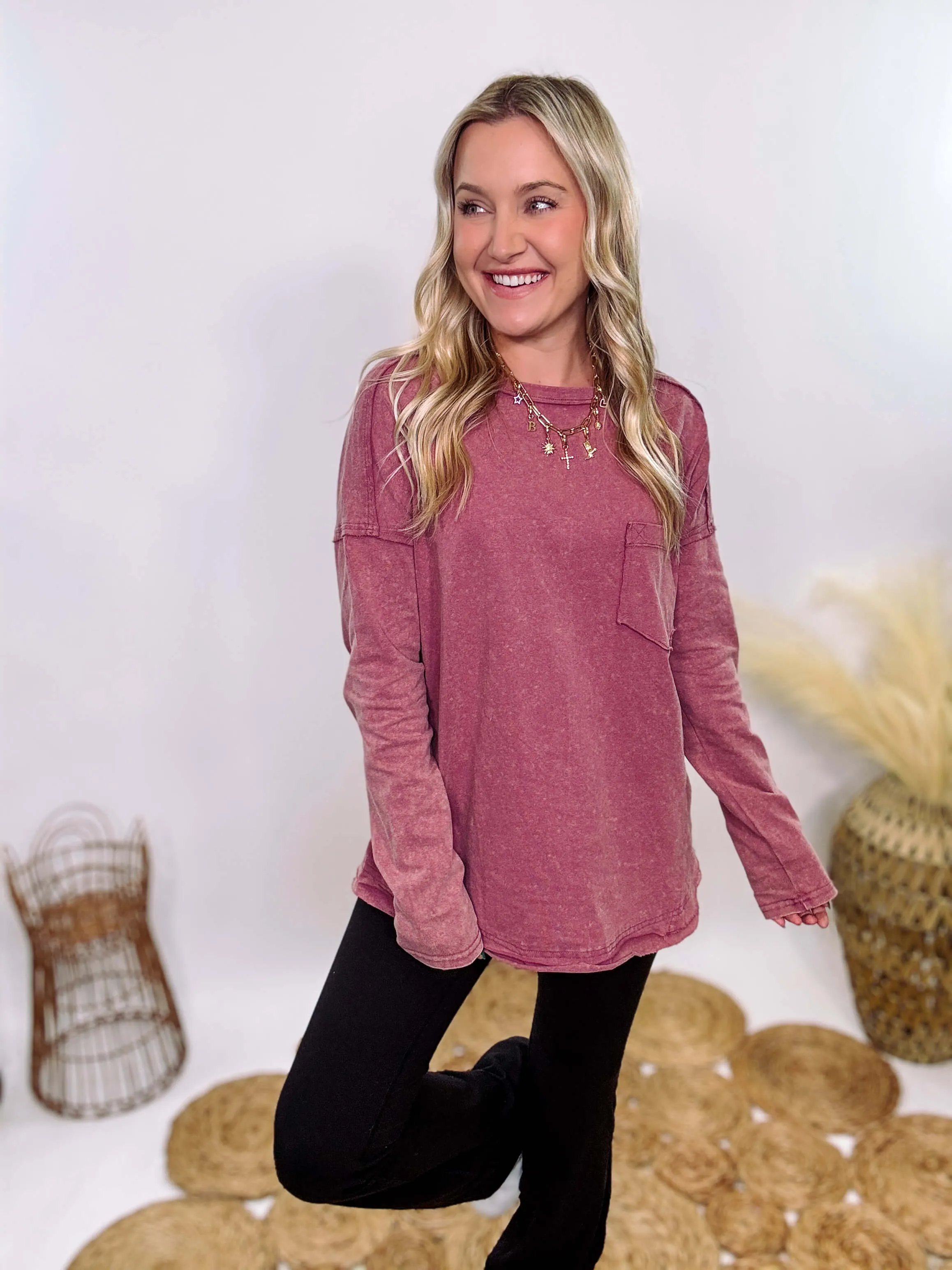 Mauve Acid Washed Long Sleeve Top