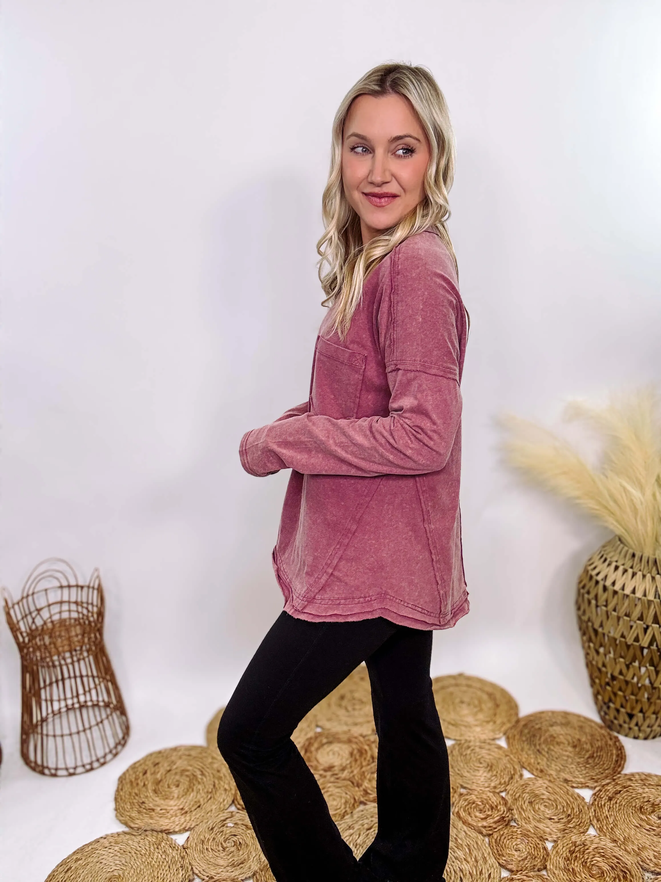 Mauve Acid Washed Long Sleeve Top