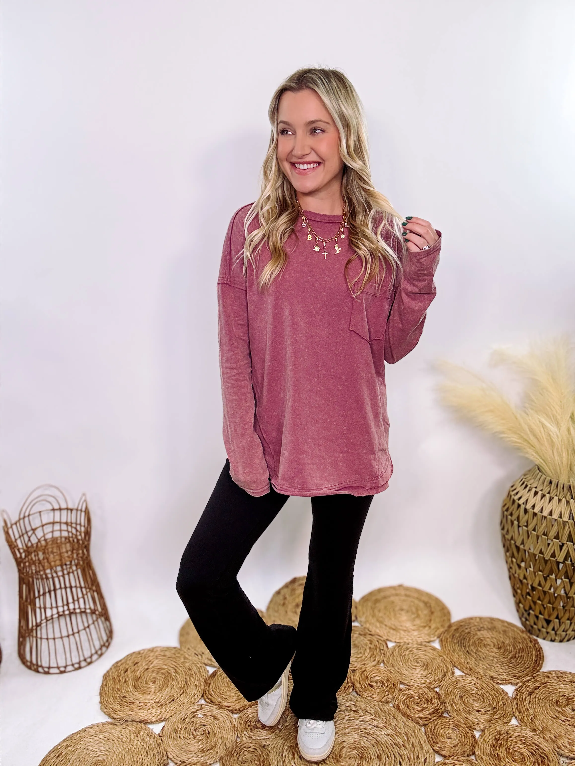 Mauve Acid Washed Long Sleeve Top