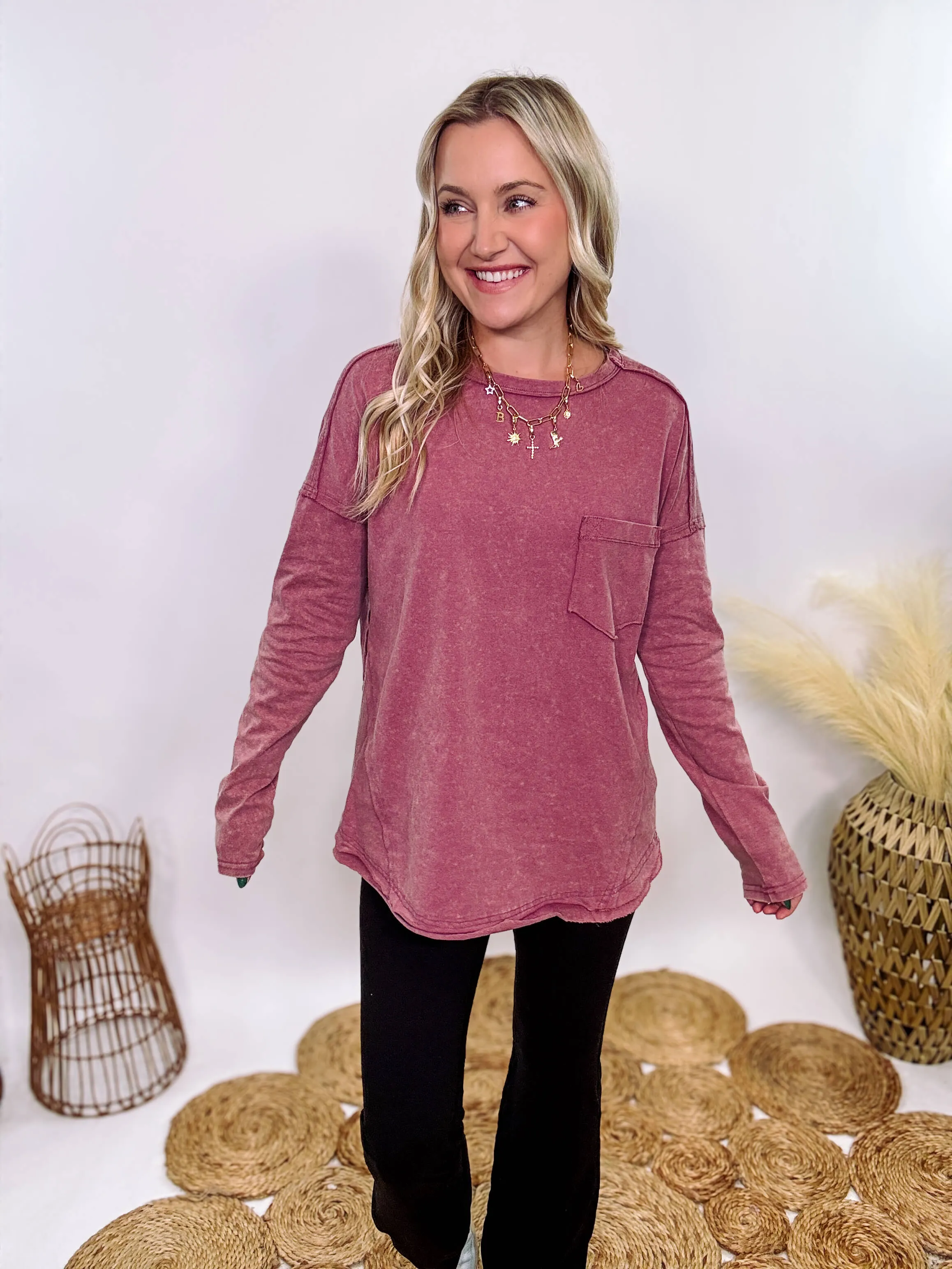 Mauve Acid Washed Long Sleeve Top