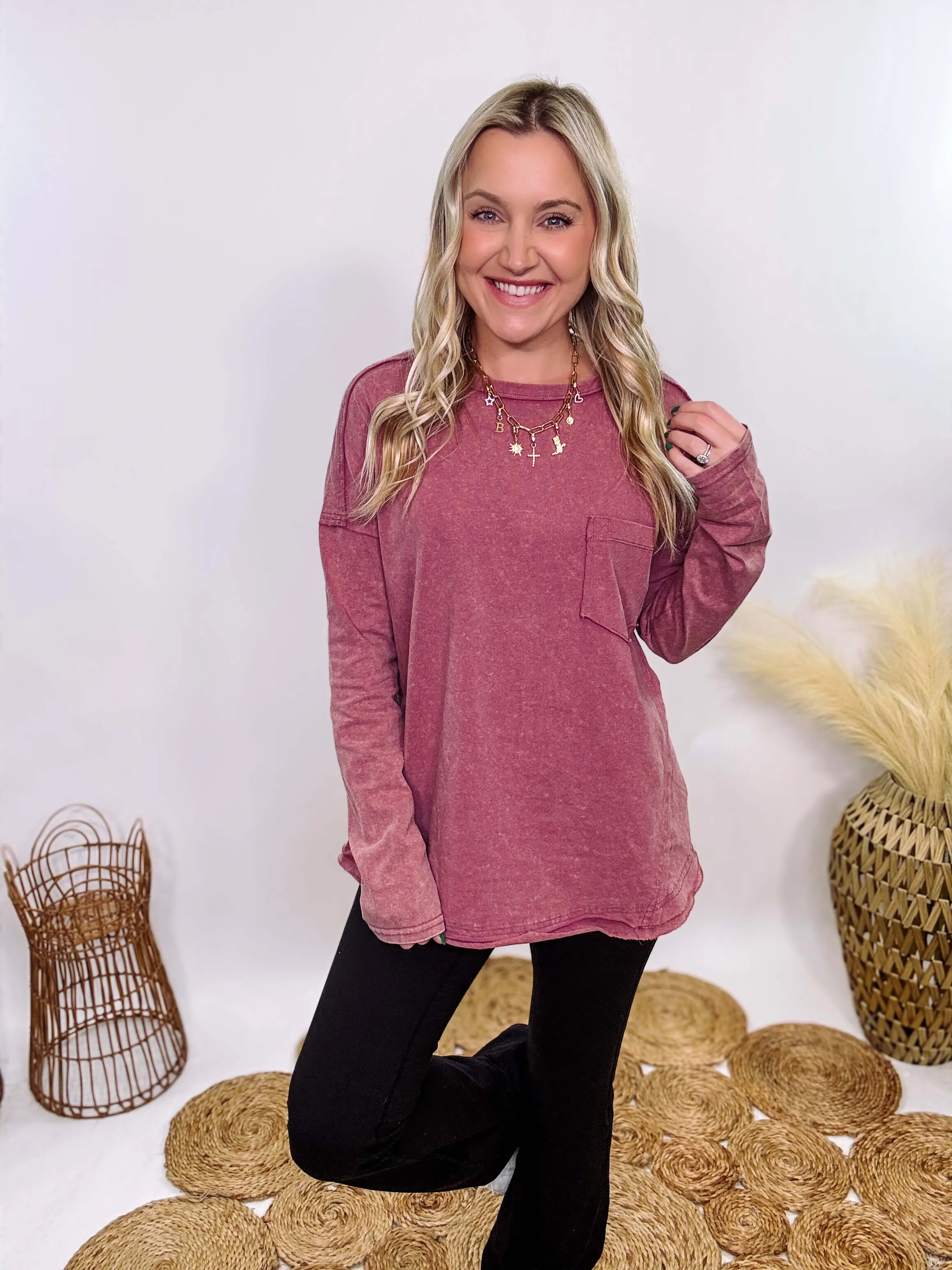 Mauve Acid Washed Long Sleeve Top