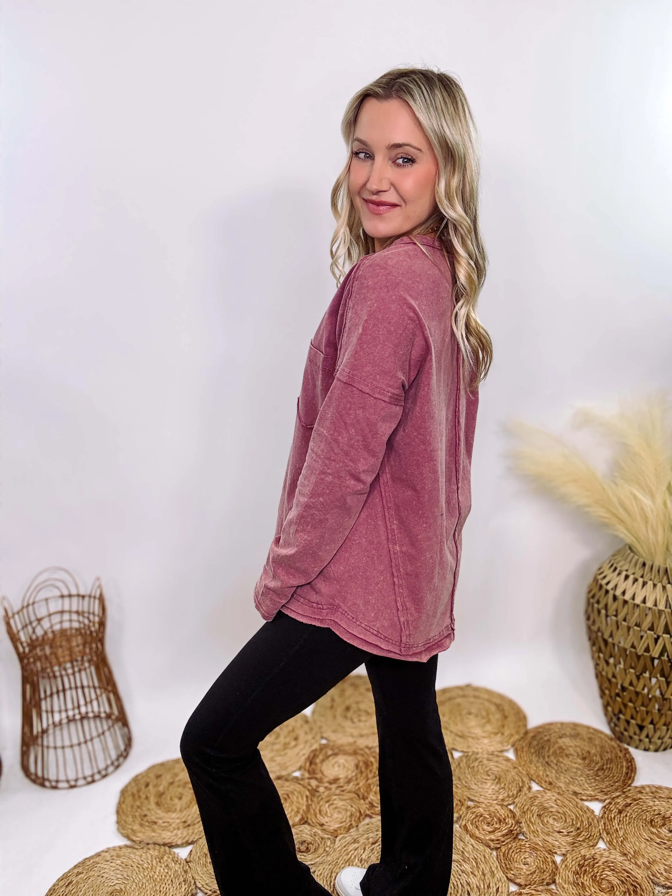 Mauve Acid Washed Long Sleeve Top