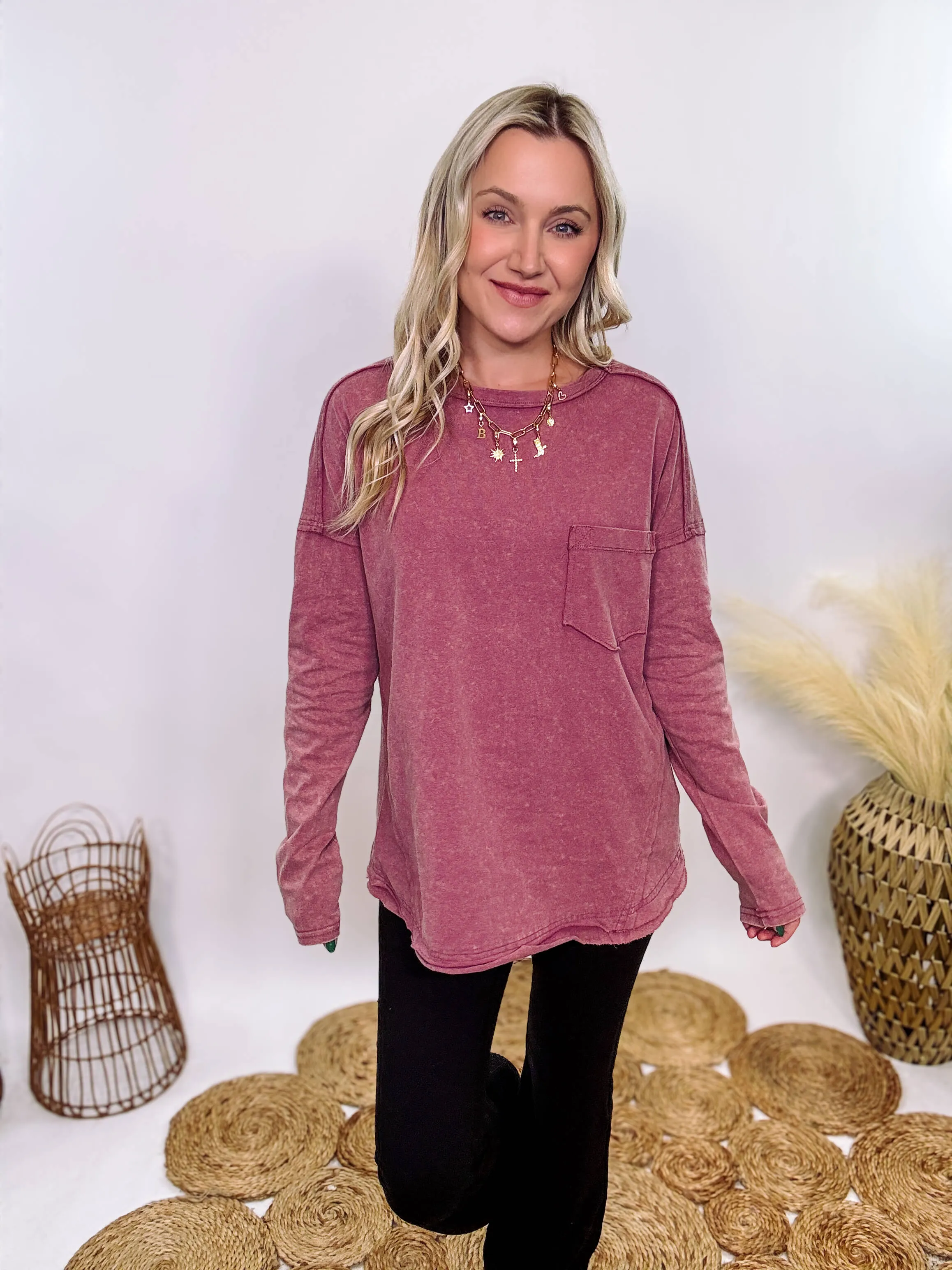 Mauve Acid Washed Long Sleeve Top