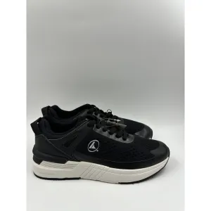 Men's Size 8.5, Black Low Top Casual Sneakers with Tie In Laces, and White Sole