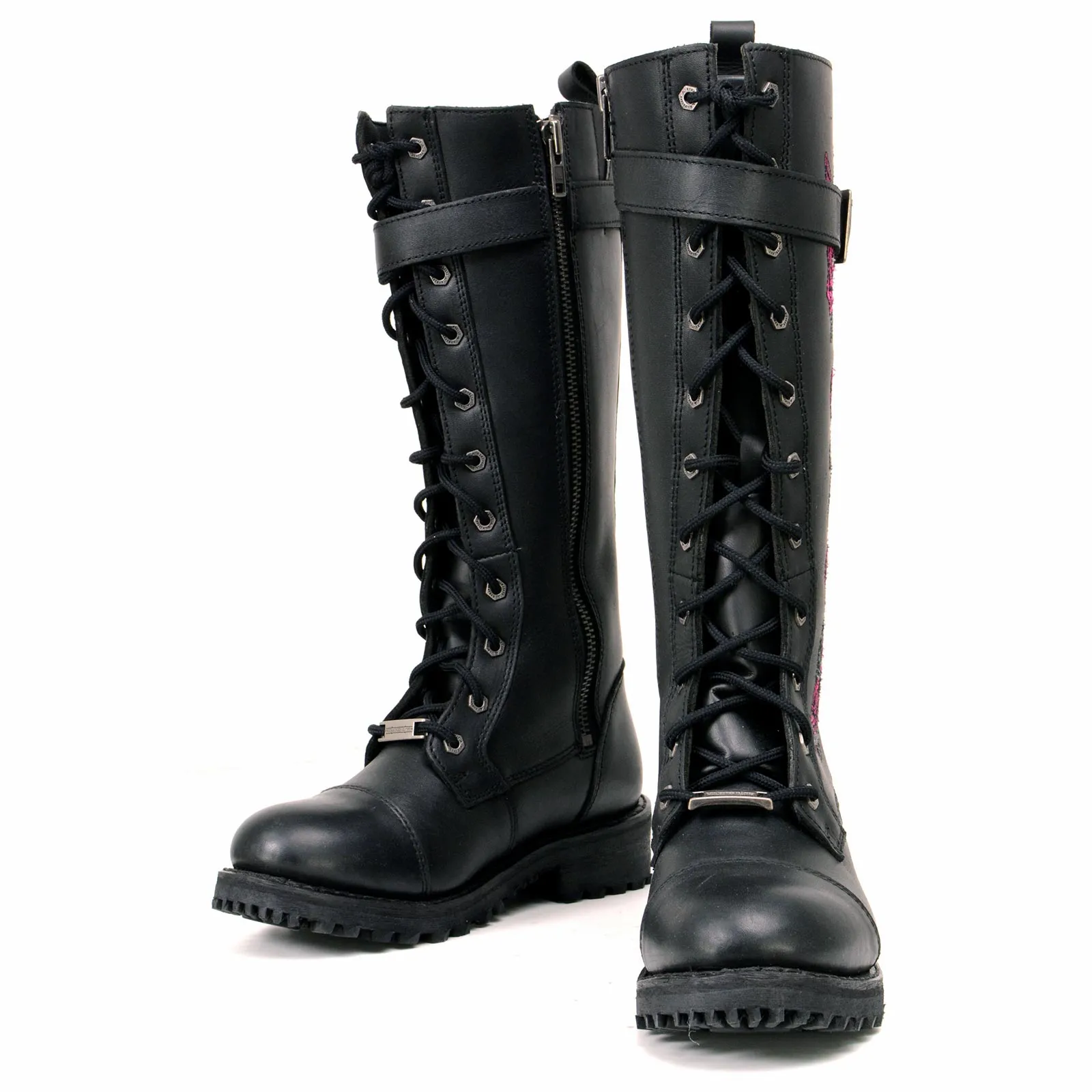 Milwaukee Leather MBL9356 Women's Black 14” Tall Motorcycle Boots Lace-Up High-Rise Pink Embroidered Leather Shoe