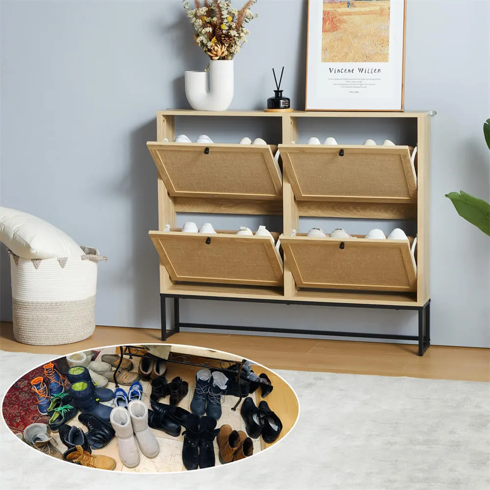 Modern Entryway Wooden Shoe Cabinet Freestanding Tipping Bucket Shoe Rack with 4 Flip Drawers