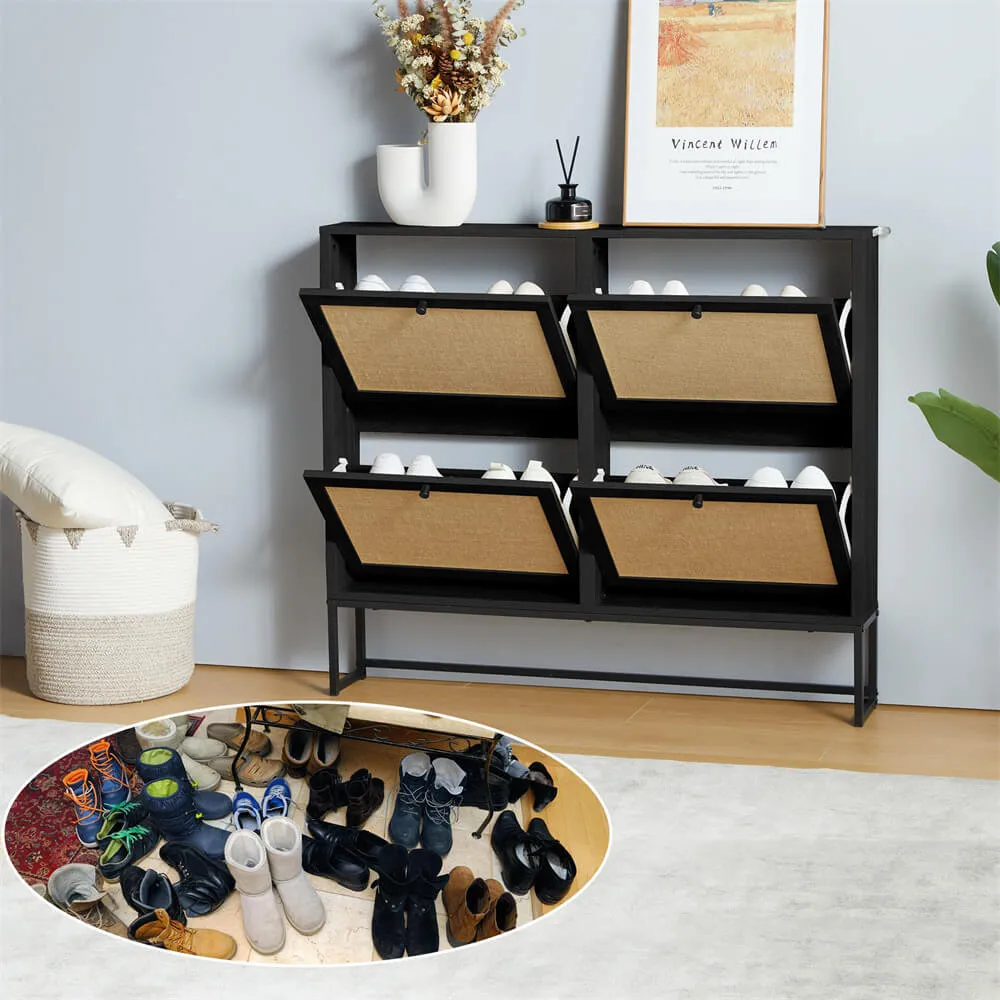 Modern Entryway Wooden Shoe Cabinet Freestanding Tipping Bucket Shoe Rack with 4 Flip Drawers