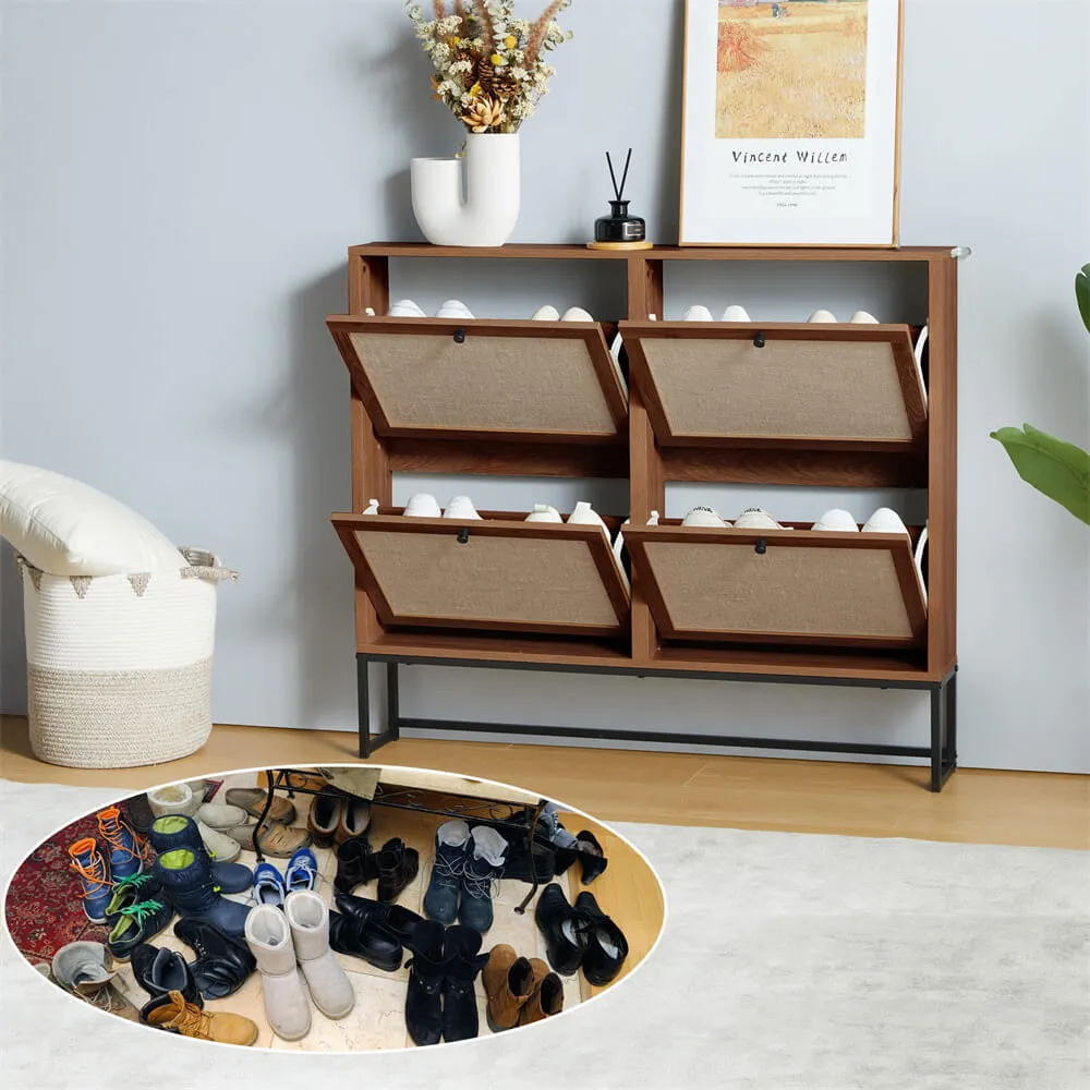 Modern Entryway Wooden Shoe Cabinet Freestanding Tipping Bucket Shoe Rack with 4 Flip Drawers