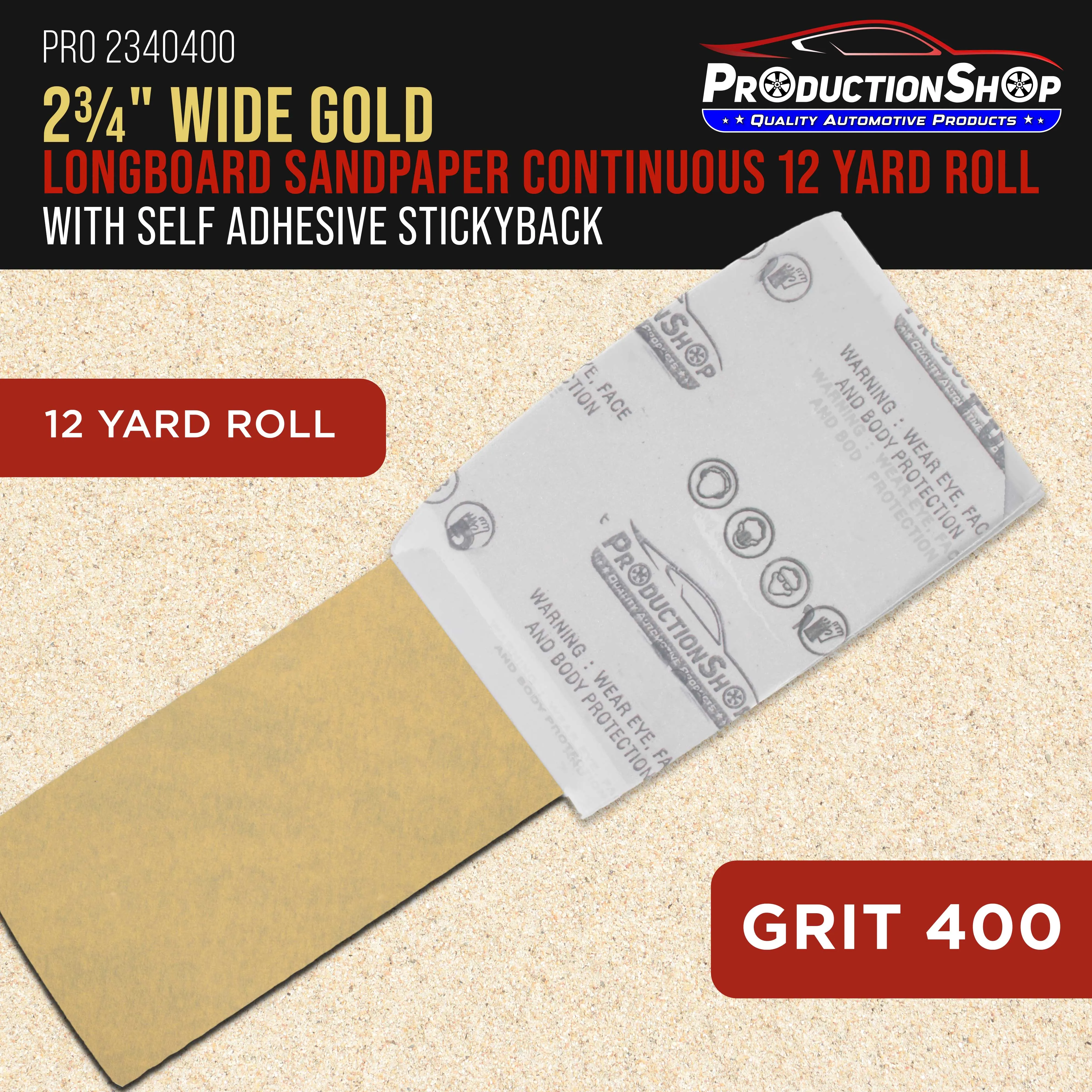 Premium 400 Grit PSA Gold Longboard Sandpaper, 2-3/4" Wide Continuous 12 Yard Roll - Self Adhesive Stickyback for Autobody Paint, Wood Air File Long Board Sanders, Hand Sanding Blocks