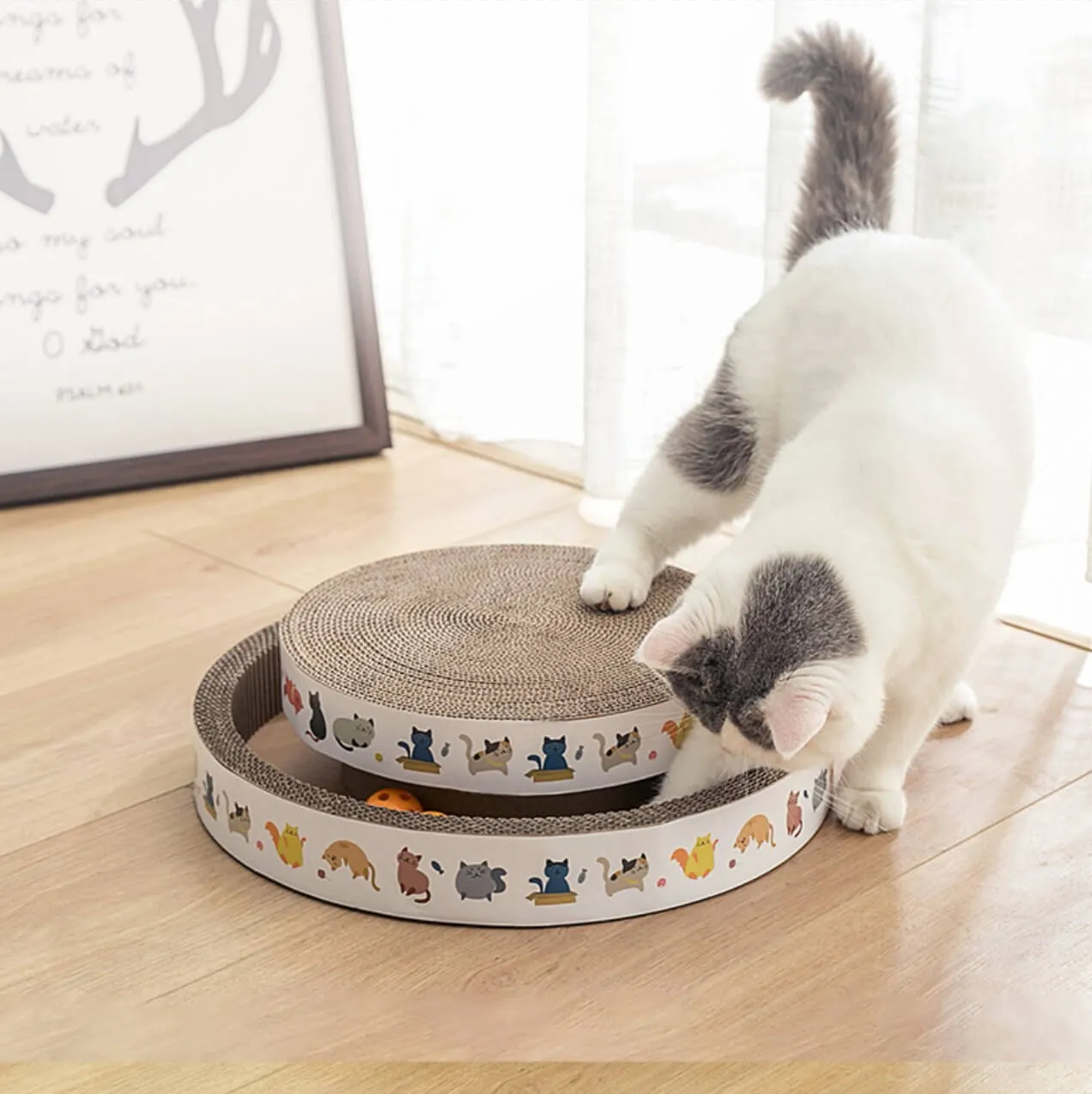 Round Cat Scratching Lounge Bed with 2 Bell Balls Toy