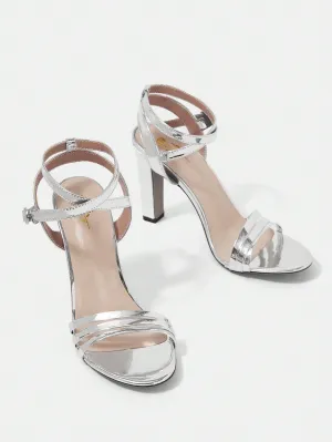 Round Toe Chunky Heel Silver High-Heeled Sandals