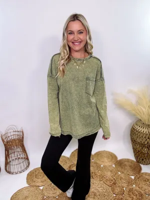 Sage Green Acid Washed Long Sleeve Top