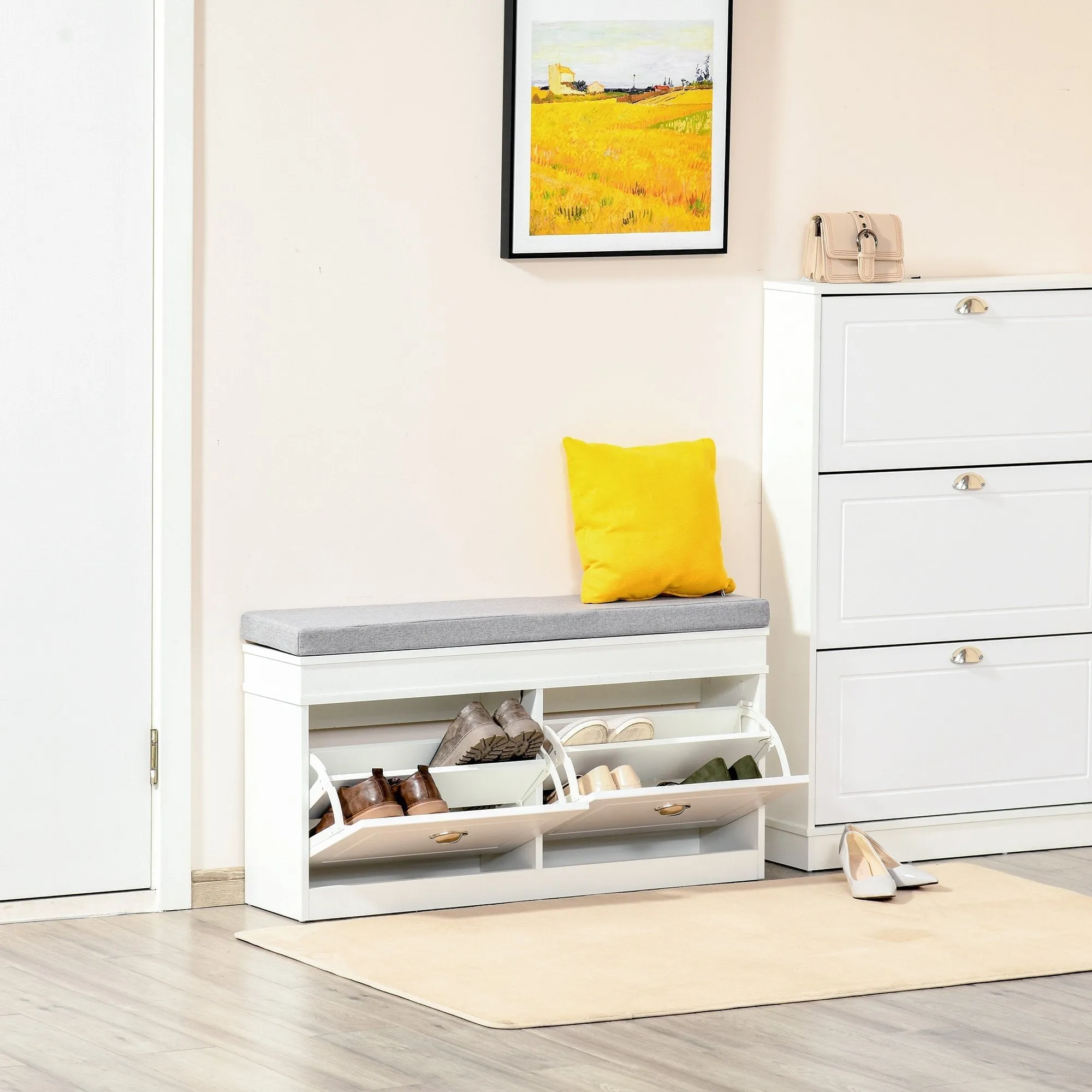 Shoe Storage Bench with Seat Cushion Cabinet Organizer with 2 Drawers White