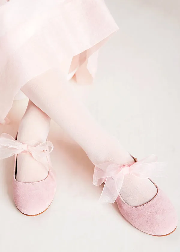 Suede Mary Jane Shoes in Pink With Organza Bow (24-34EU)