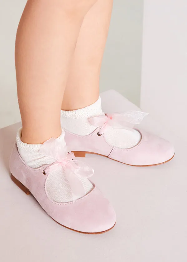 Suede Mary Jane Shoes in Pink With Organza Bow (24-34EU)