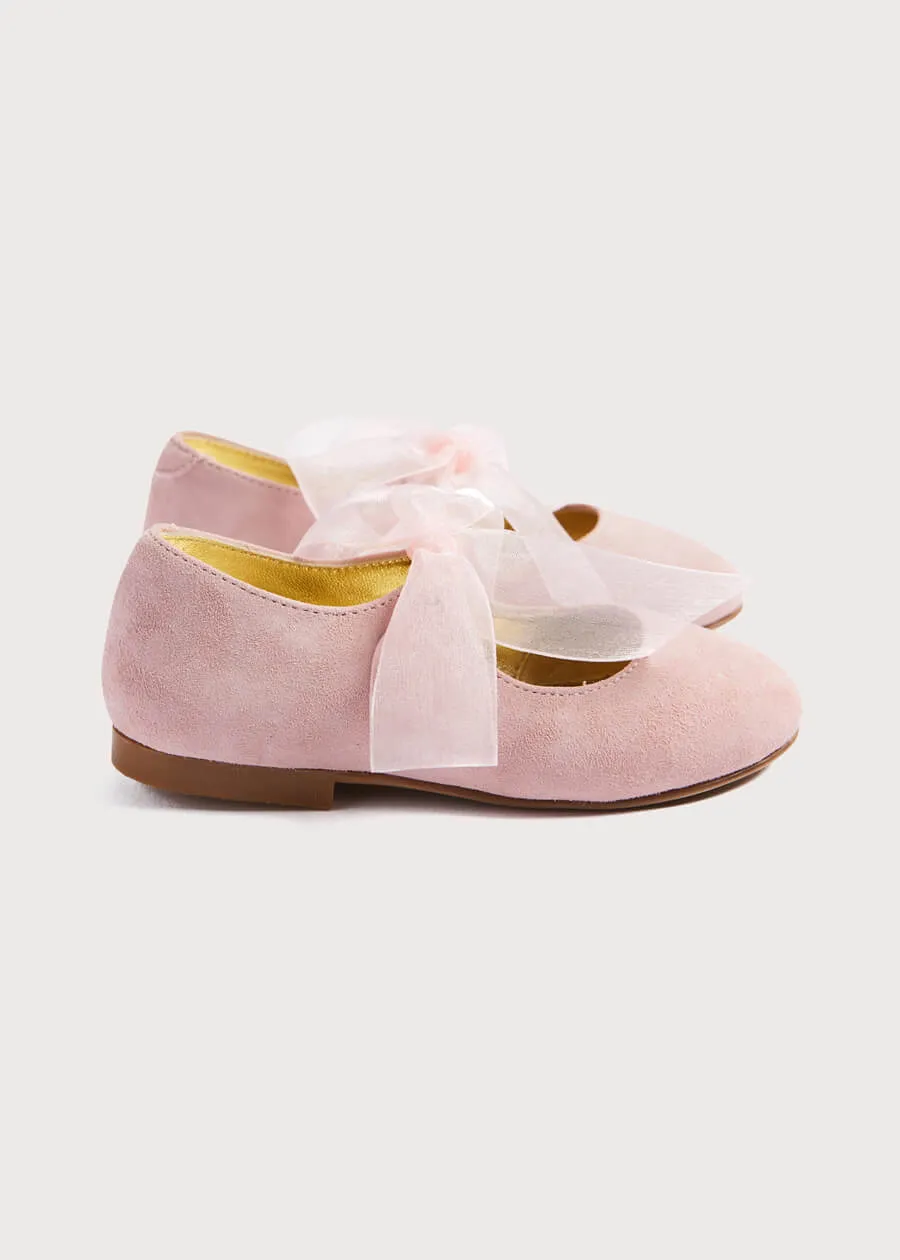 Suede Mary Jane Shoes in Pink With Organza Bow (24-34EU)