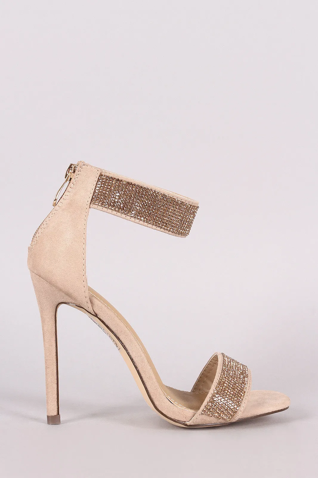 Suede Open Toe Rhinestone Accent Stiletto Heel