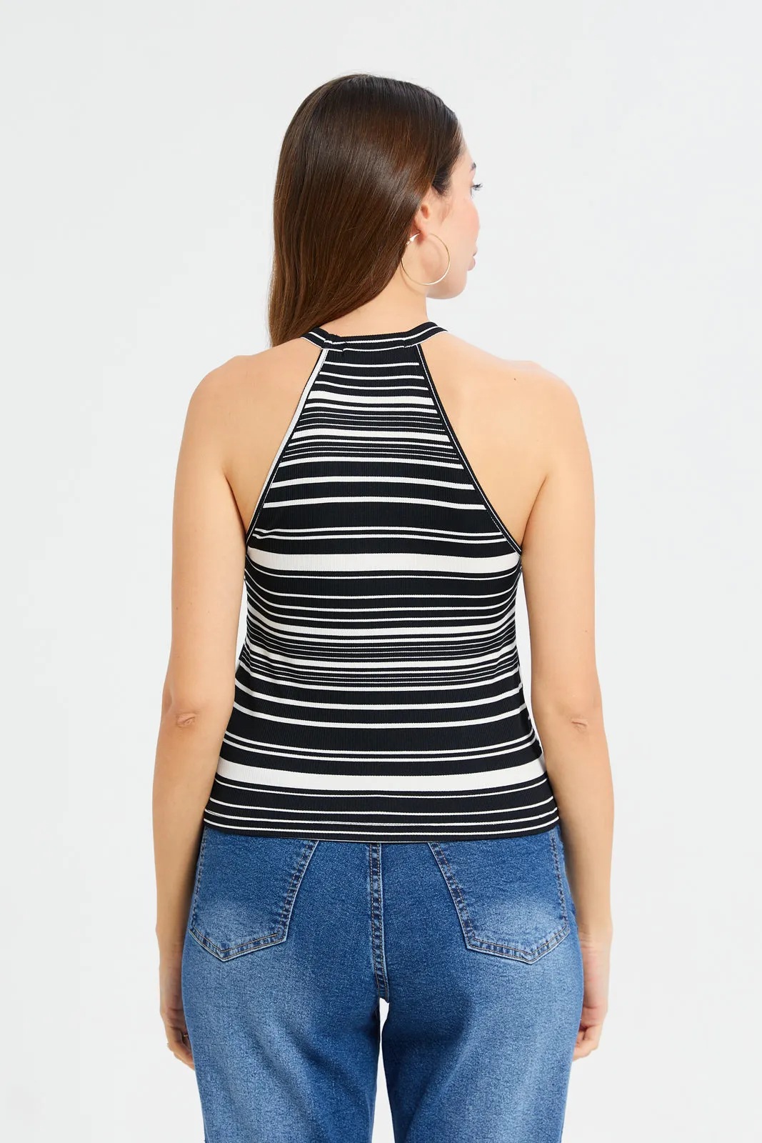 Woman Black And White Striped Top