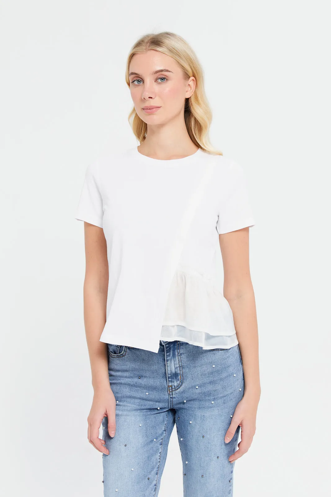 Women White Assymetric With Side Ruffle Top