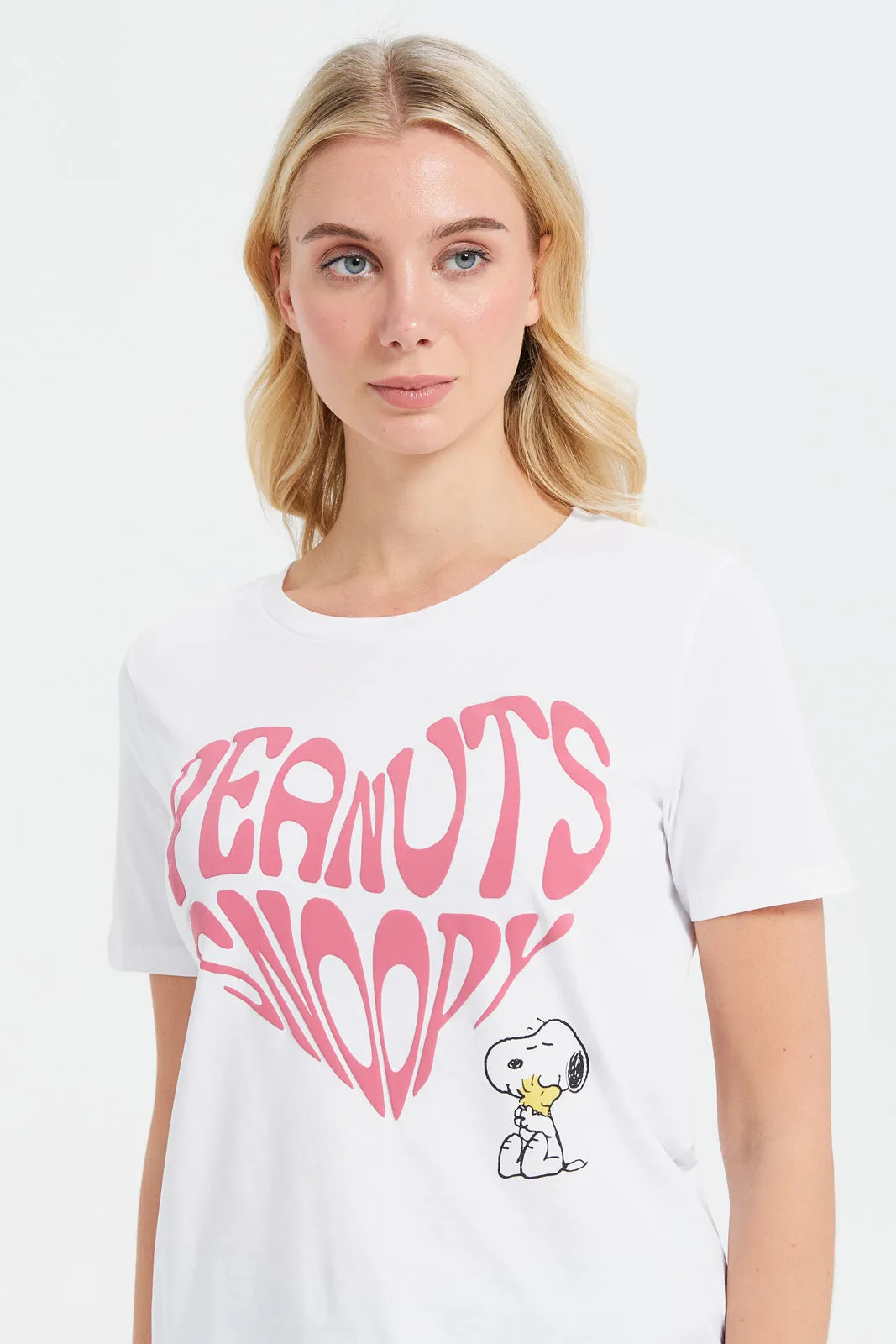 Women White Snoopy Printed T-Shirt