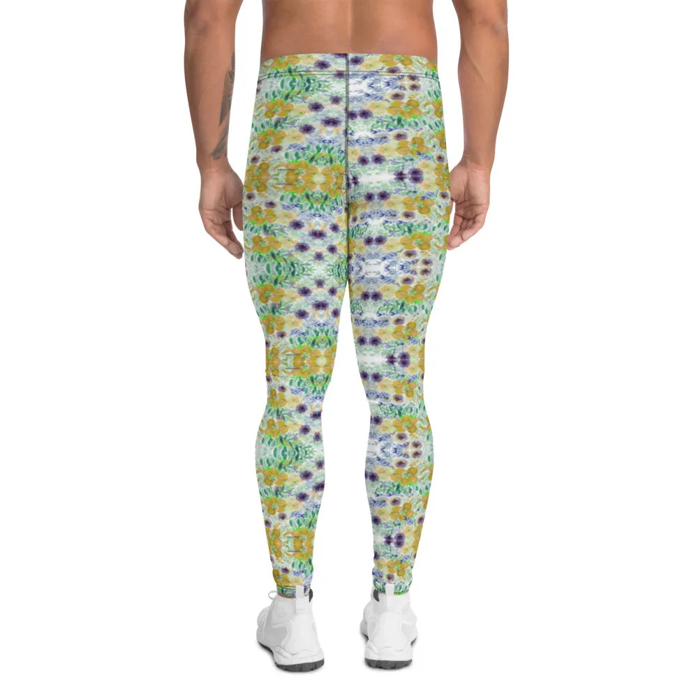 Yellow Floral Print Men's Leggings, Vintage Style Party Running Tights For Men-Made in USA/EU