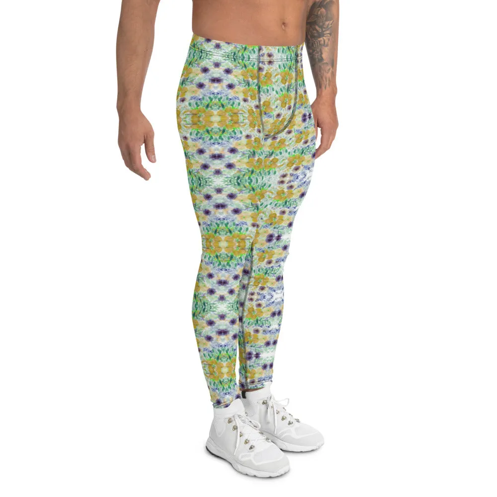 Yellow Floral Print Men's Leggings, Vintage Style Party Running Tights For Men-Made in USA/EU