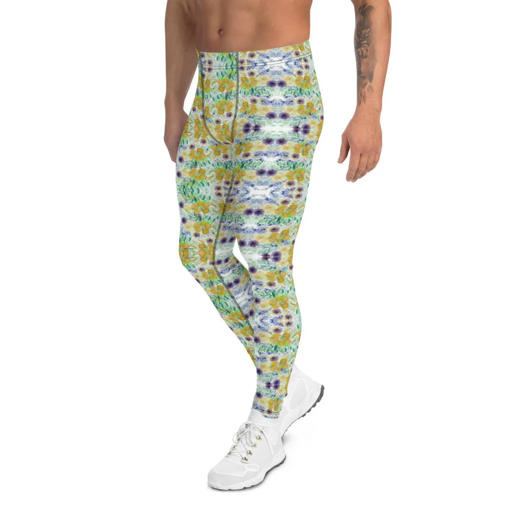 Yellow Floral Print Men's Leggings, Vintage Style Party Running Tights For Men-Made in USA/EU